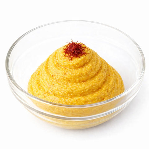 Particolare di zafferano su cremoso di anacardi