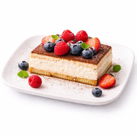 dettaglio di frutti di bosco su variante vegana di tiramisu senza glutine